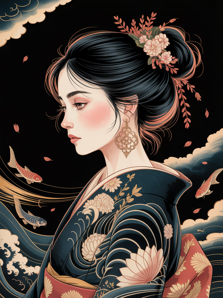Profile of a Woman in Traditional Kimono with Koi Fish