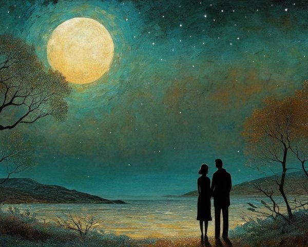 Silhouette of a Couple by Moonlit Water's Edge
