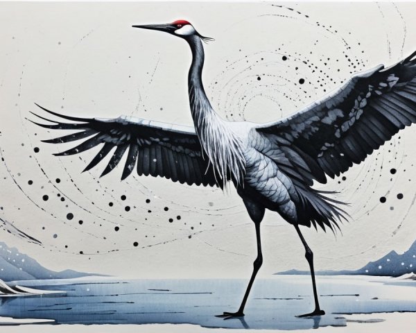 Majestic Crane by Tranquil Water with Mountain Peaks