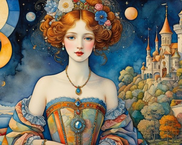 Serene Woman in Colorful Gown Against Dreamy Night Sky
