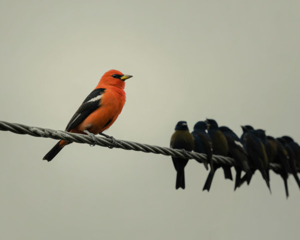 Vibrant Orange Bird on Wire Against Gray Sky