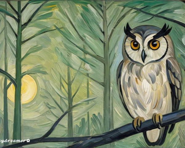 Owl on a Branch in Lush Green Forest Setting