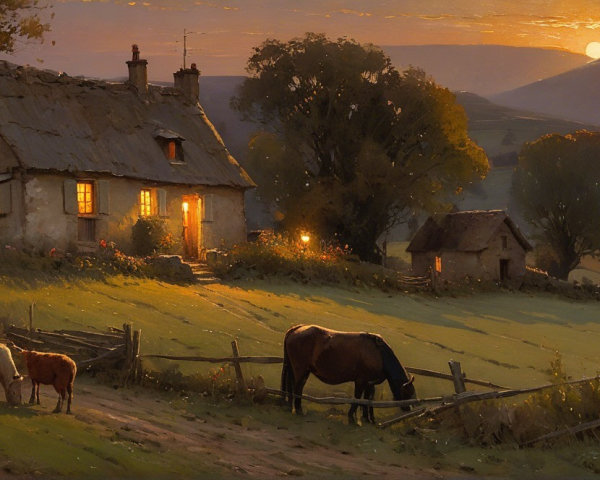 Serene Countryside Scene with Cottage at Dusk