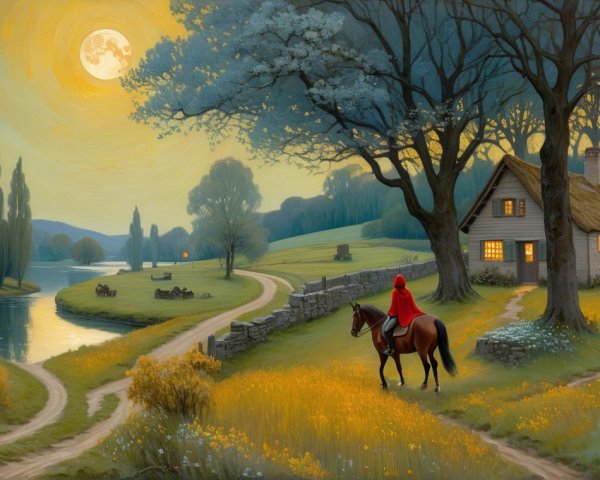 Serene Countryside Scene with Moonlit River and Cottage