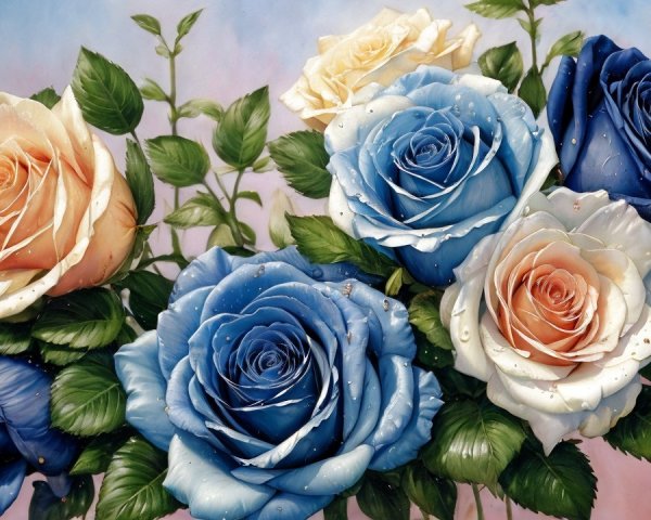 Vibrant Bouquet of Roses in Soft Peach and Blue