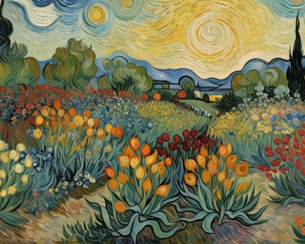 Vibrant Flower Landscape with Swirling Sky and Hills