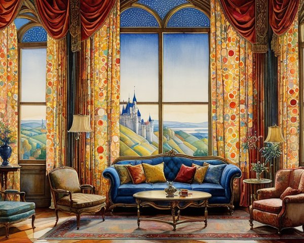 Decorative Living Room with Blue Velvet Sofa and Views