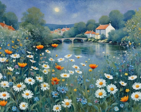 Serene Landscape with Meadow and Charming Village