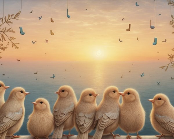 Serene Sunset with Birds on a Branch by the Ocean