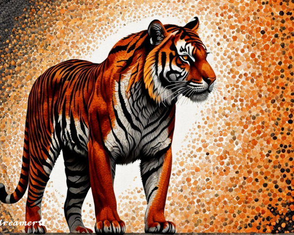 Majestic tiger against vibrant orange and black backdrop