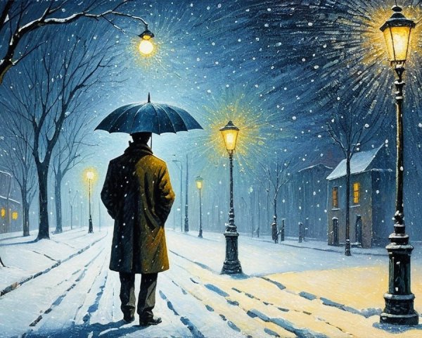 Winter Scene with Man, Umbrella, and Snowy Street