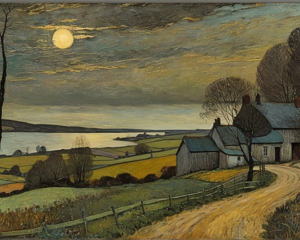 Tranquil Rural Scene with Cottage and Moonlit Lake