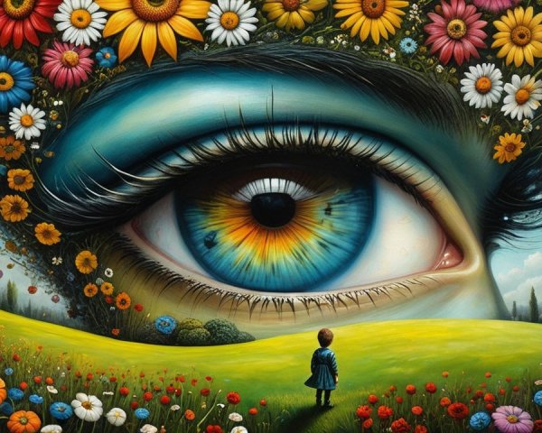 Surreal Landscape with Giant Eye and Colorful Meadow