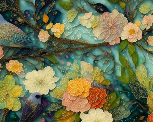 Vibrant Illustration of Flowers and Stylized Birds