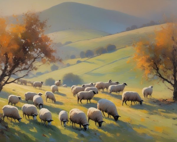 Impressionist Painting of Sheep on Rolling Hillside