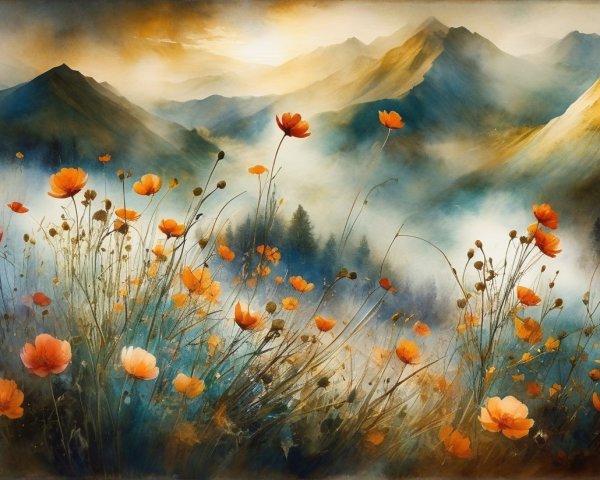 Watercolor Mountain Landscape with Sunrise and Flowers