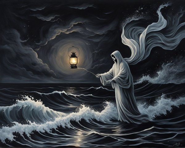 Ghostly Figure in White Among Stormy Ocean Waves