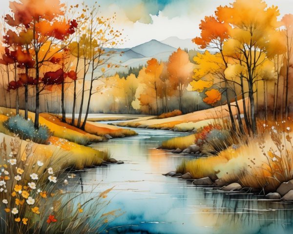 Autumn Landscape with River and Vibrant Foliage