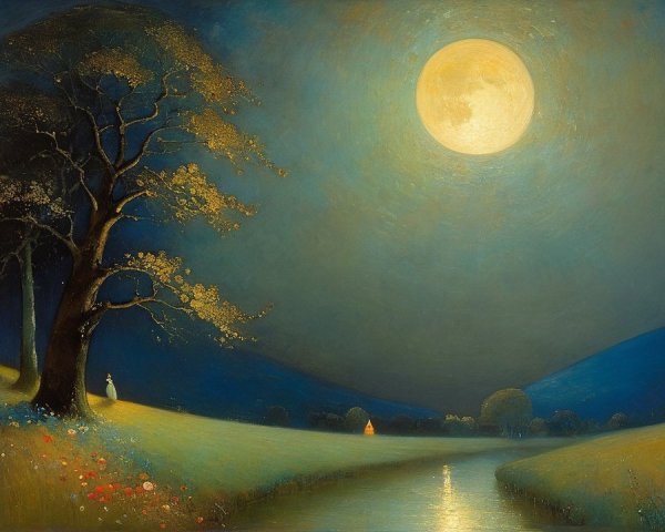 Tranquil Night Landscape with Full Moon and River