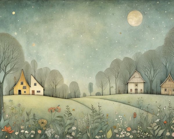Whimsical Houses in a Serene Landscape at Night