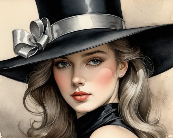 Young woman with blonde hair and black hat portrait