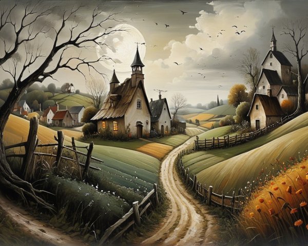 Serene countryside scene with moonlit hills and houses