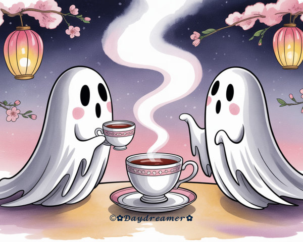 Whimsical Ghosts Enjoy Tea in Serene Atmosphere