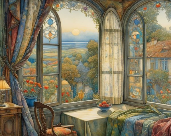 Tranquil Interior with Stained Glass and Scenic View