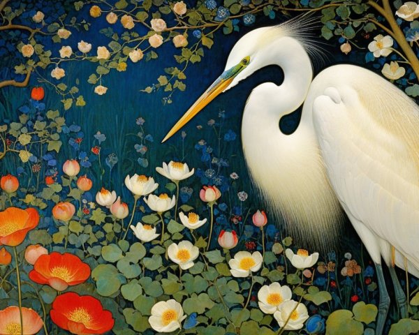 White Heron in a Vibrant Garden Setting