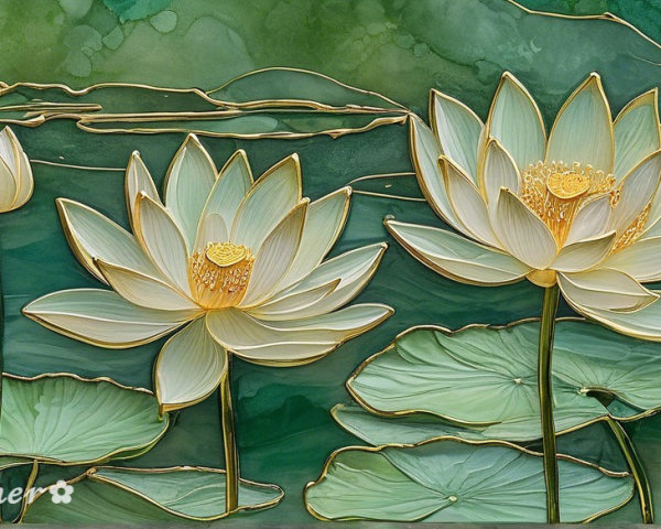 Artistic Depiction of Water Lilies on Green Background