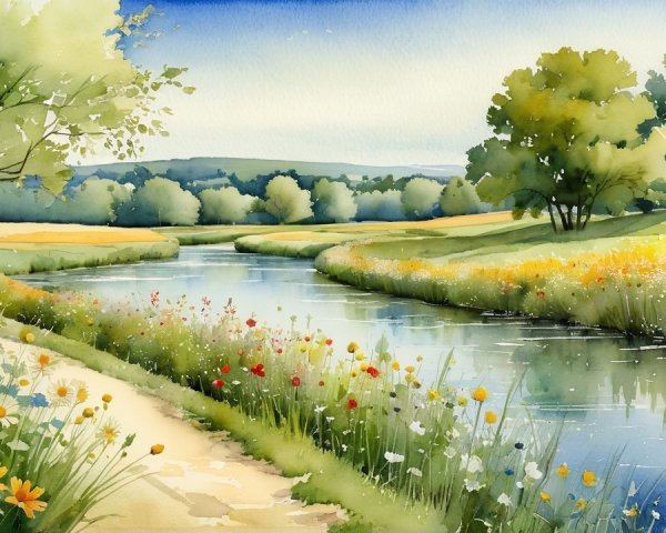 Serene Landscape with River and Colorful Meadows