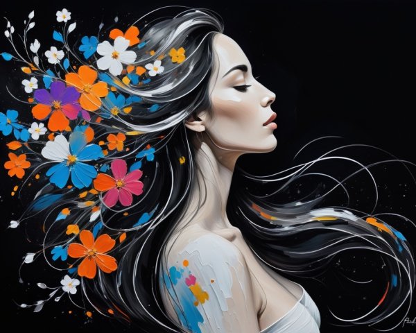 Portrait of a woman with floral hair on a black background