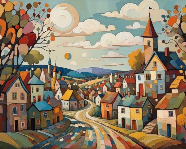 Colorful Whimsical Village with Rolling Hills and Trees