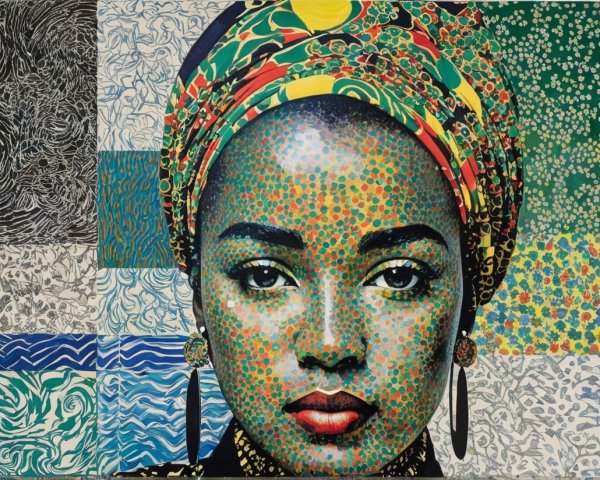 Portrait of a woman with colorful headscarf and patterns