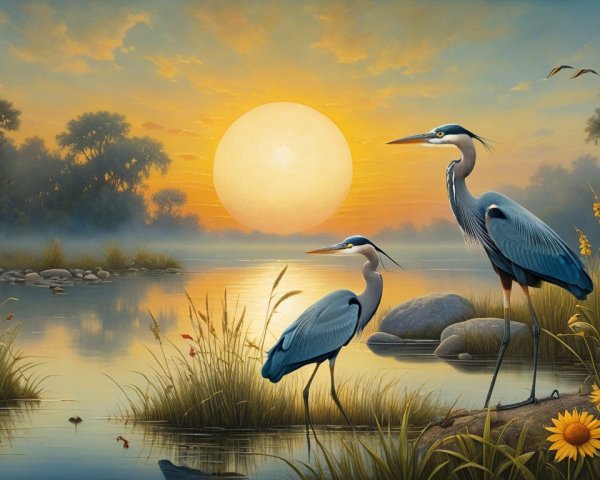 Herons by Tranquil River at Sunrise in Serene Landscape