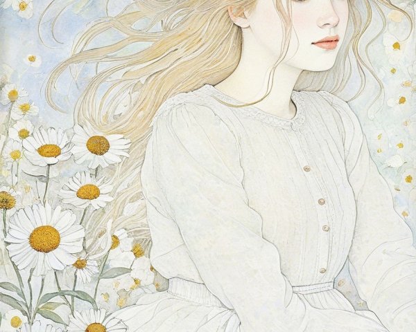 Young girl in a light dress surrounded by daisies