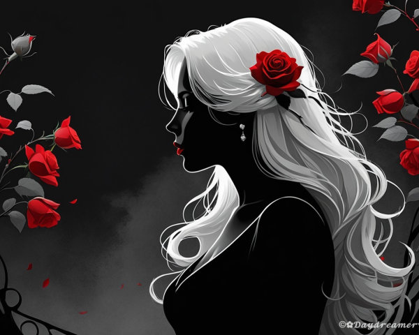 Silhouette of a Woman with White Hair and Roses