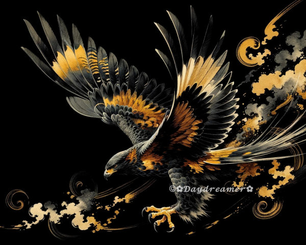 Majestic hawk in vibrant colors against dark background