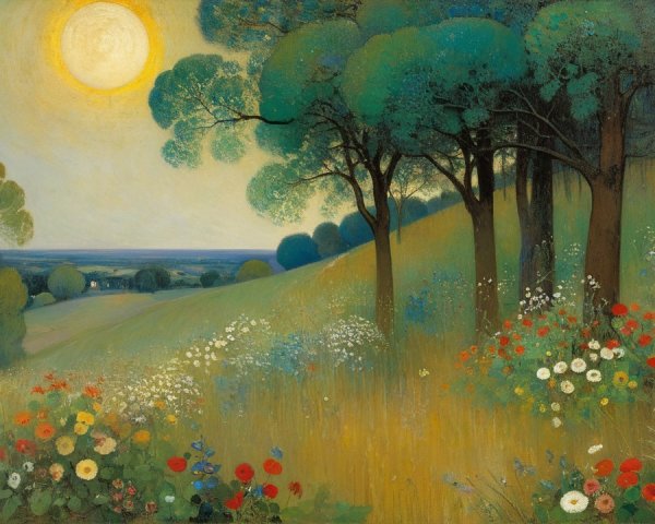 Vibrant Landscape with Sunlit Hills and Wildflowers
