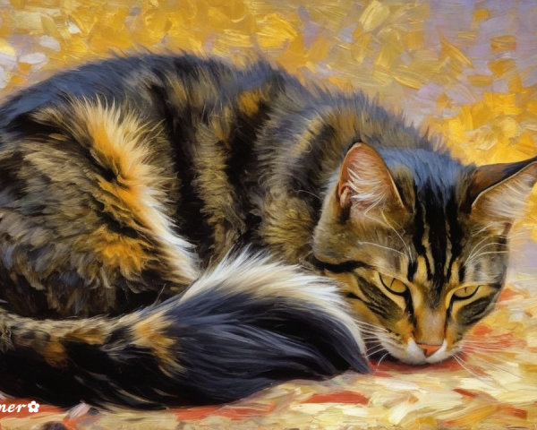 Portrait of a curled-up tabby cat with rich colors