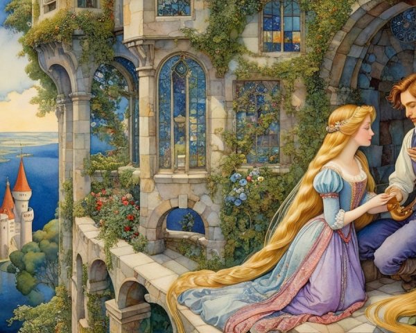 Fairy-tale Scene with Princess and Young Man in Nature