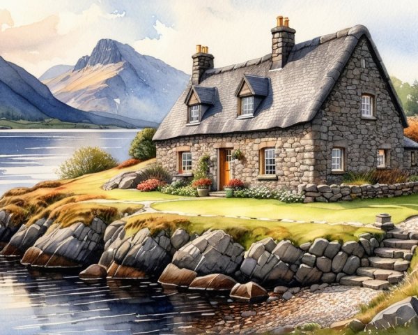 Stone Cottage by Tranquil Lake with Mountain Views