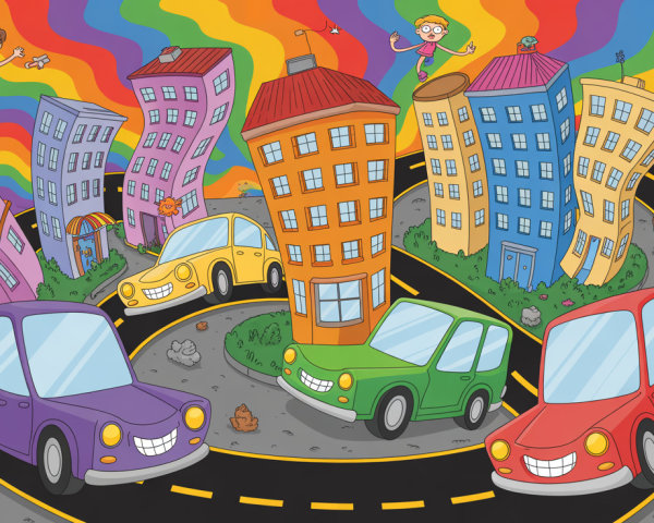 Colorful Cartoon Cityscape with Wavy Buildings and Cars