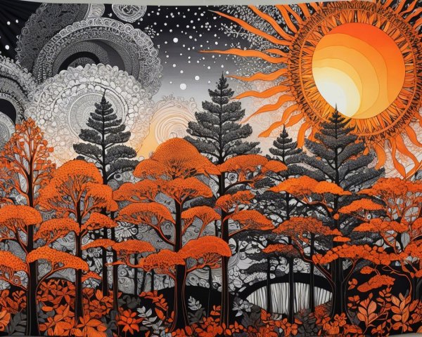Vibrant forest landscape with orange foliage and clouds