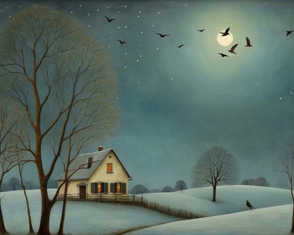 Winter Landscape with Cozy House and Starry Sky