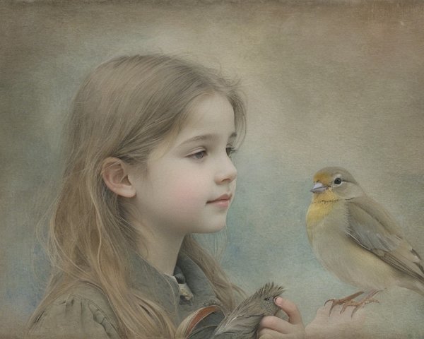 Young girl holding a calm bird in a serene setting