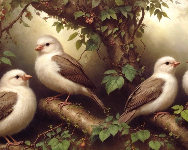 Fluffy Birds on Branches with Lush Green Leaves