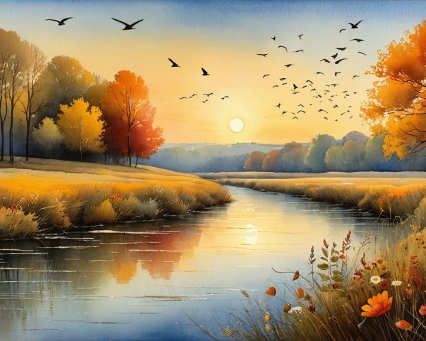 Serene Sunrise Landscape with Autumn Colors and River