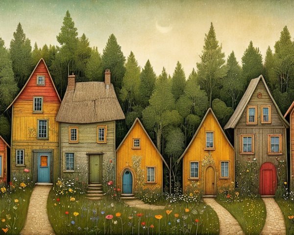Charming Village Scene with Colorful Houses and Gardens