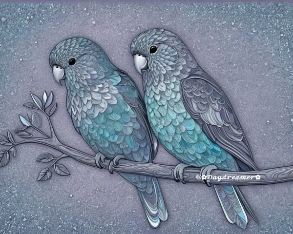 Stylized Birds on Branch with Turquoise and Gray Feathers